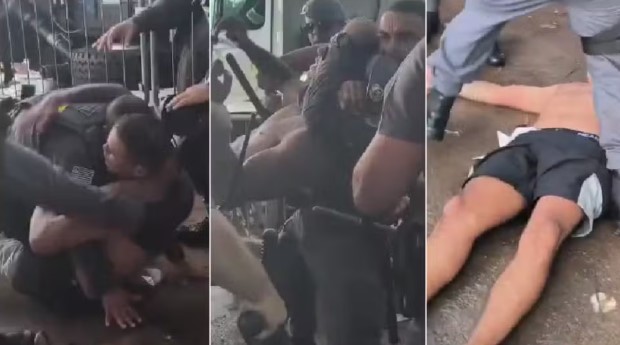 pm-e-flagrada-agredindo-homem-durante-dispersao-de-megabloco-no-ibirapuera,-na-zona-sul-de-sp